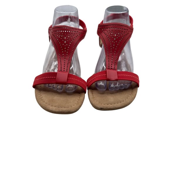 Alfani Size 10 Red T-Strap Wedge Sandals Perforated Design Faux Cork Heel - Picture 3 of 7